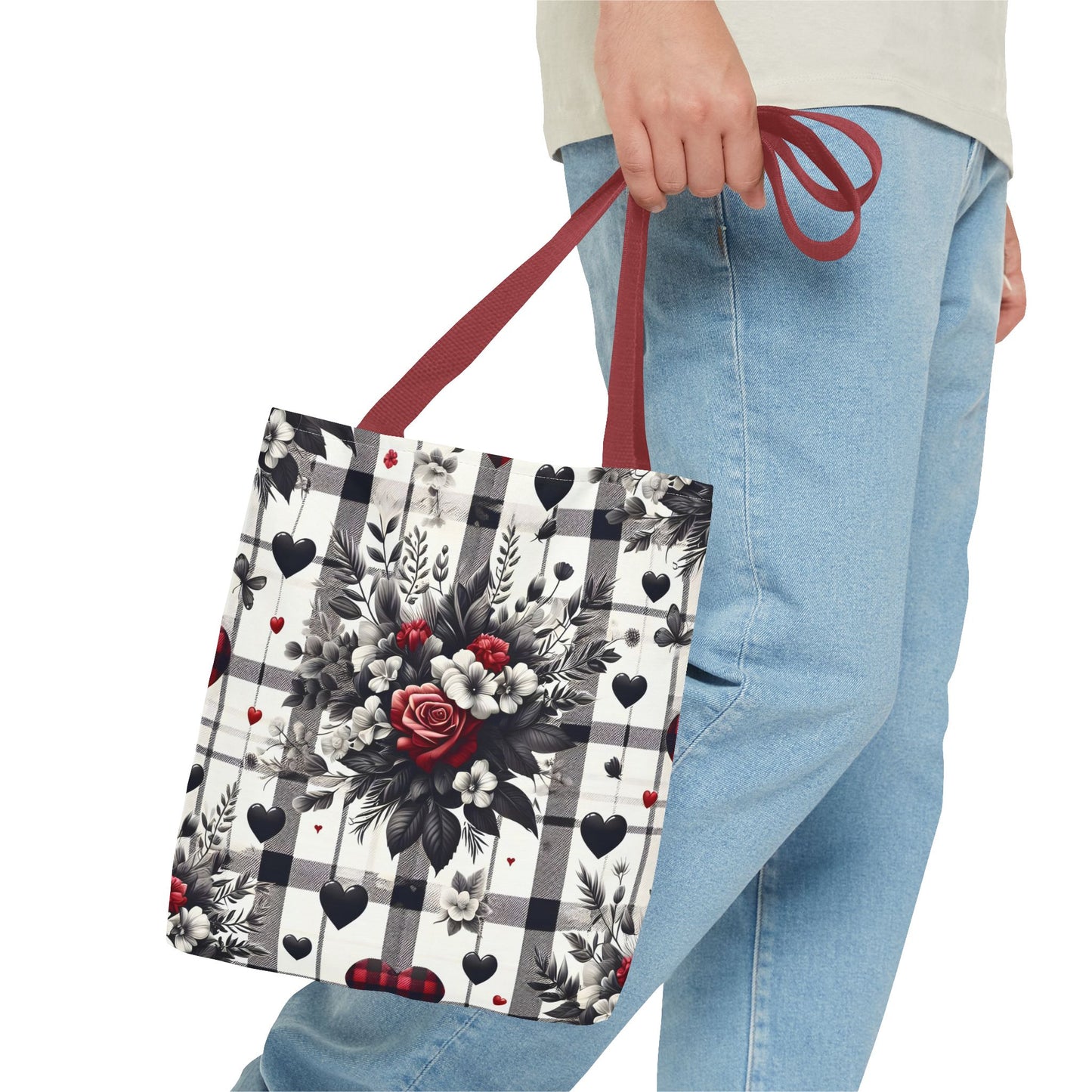 Stylish Valentine Plaid Flower Heart Tote Bag