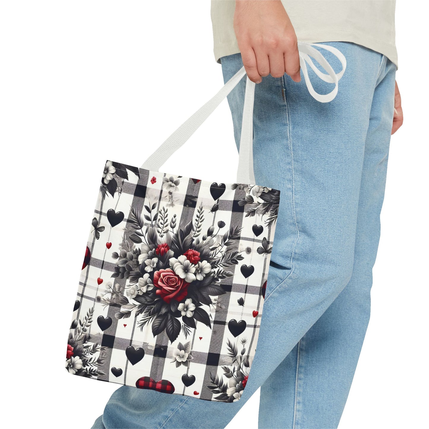 Stylish Valentine Plaid Flower Heart Tote Bag
