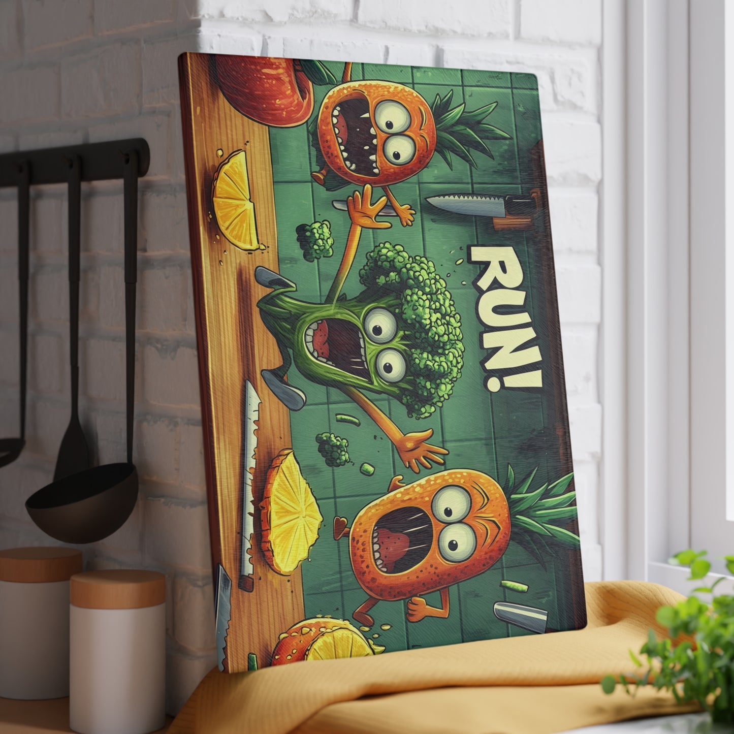 Fun Cartoon Glass Cutting Board - 'Run!' Veggie Design