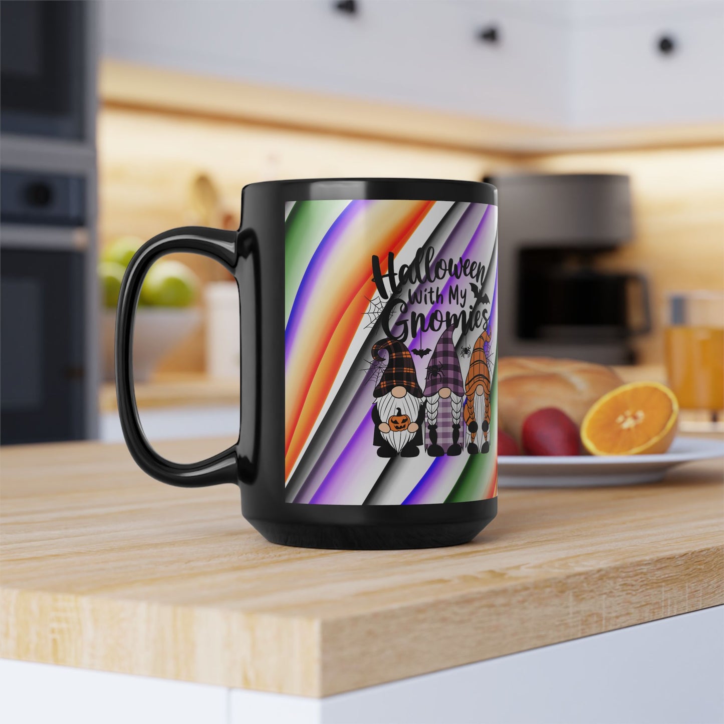 Halloween Theme Black Mug (11oz, 15oz), Cute Halloween Expression, Halloween Lovers, Gnome Lovers, Coffee, Tea, Hot Chocolate Lovers Gift Idea