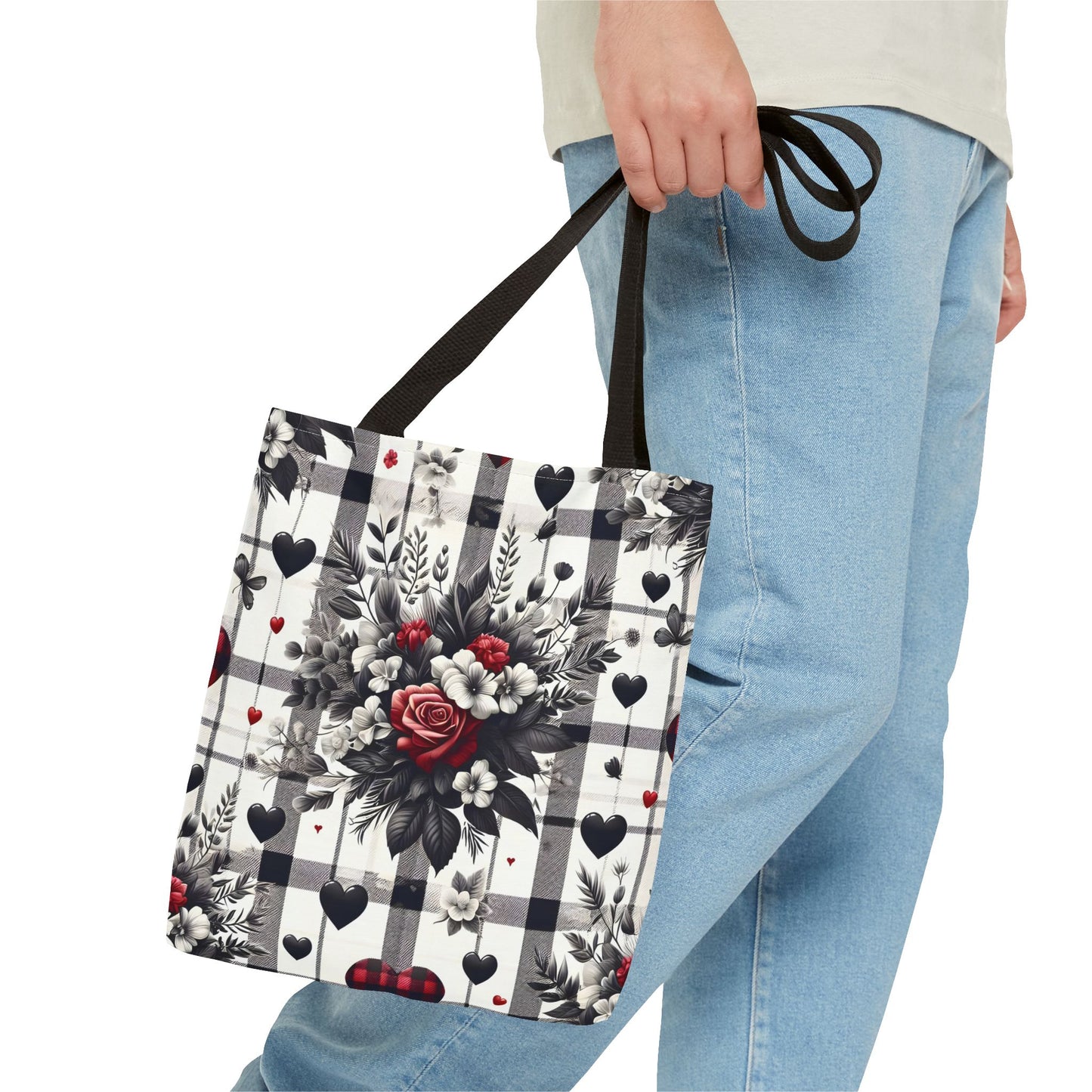 Stylish Valentine Plaid Flower Heart Tote Bag