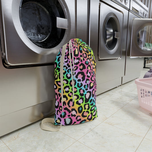 Rainbow Leopard Laundry Bag — Tie-Closure Travel & Dorm Clothes Sack