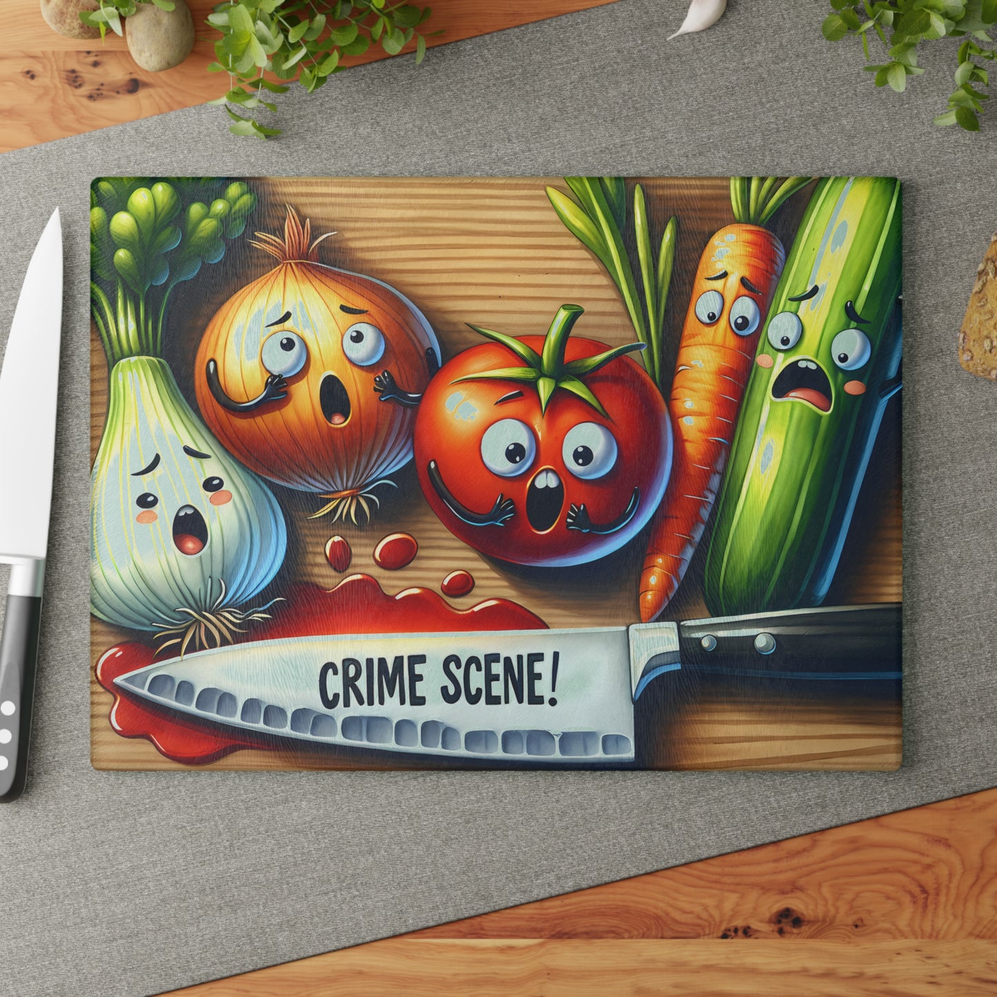 Funny Crime Scene Glass Cutting Board - Cartoon Veggies Design