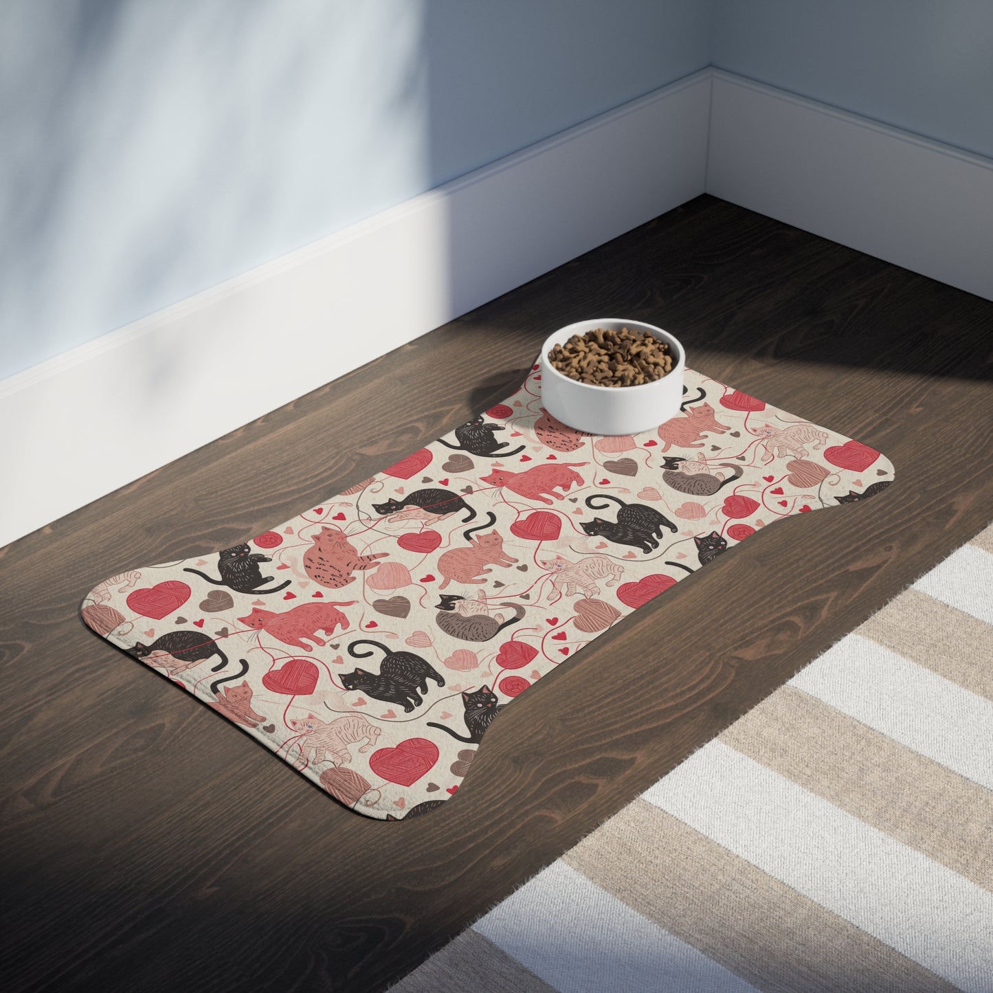 Whimsical Cat & Heart Pet Feeding Mats for Cats and Dogs, Cute Pet Accessories, Unique Pet Gifts, Pet Lover Decor, Valentine's Day