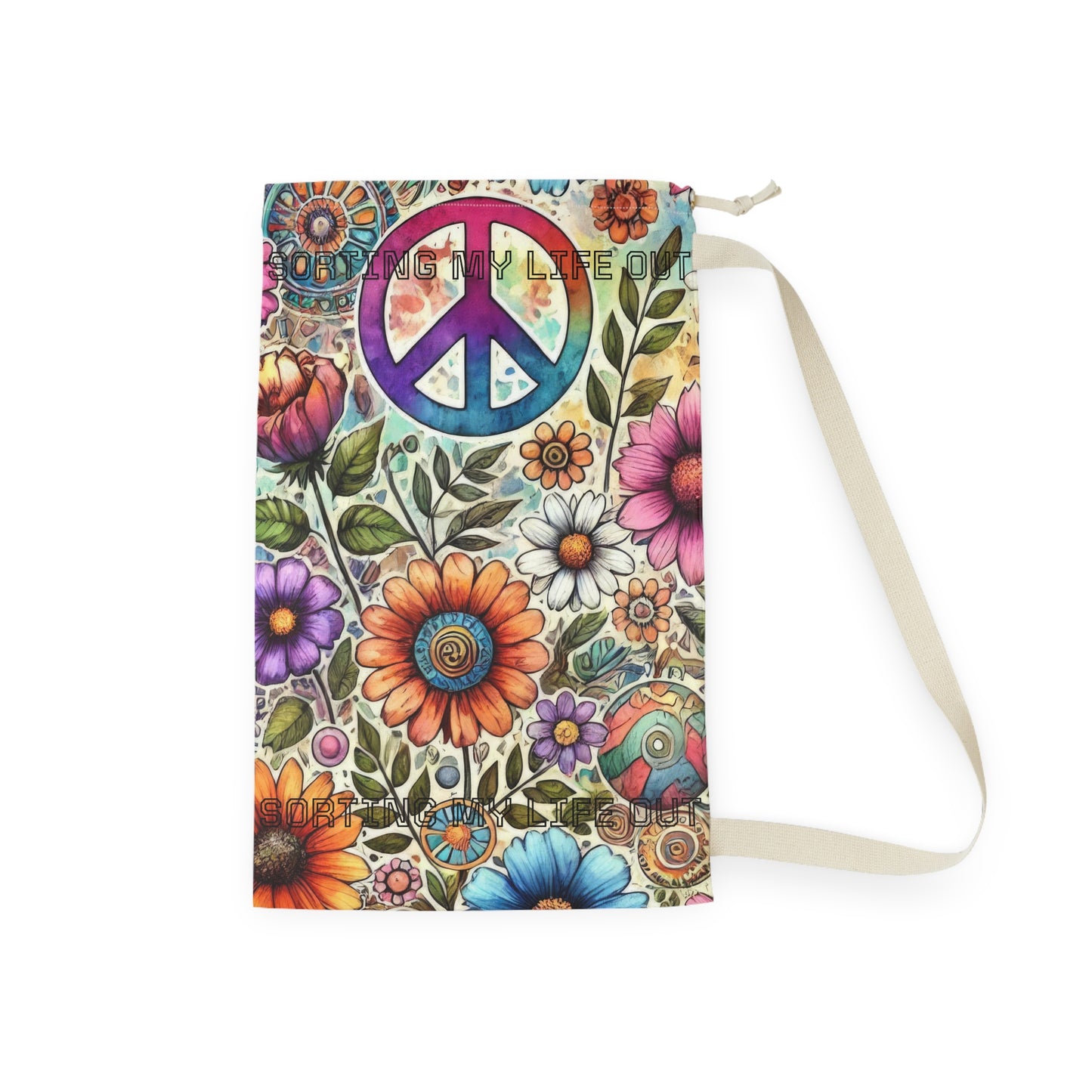 Bohemian Peace Floral "Sorting Out My Life" saying Laundry Bag — Drawstring Hippie Laundry Sack