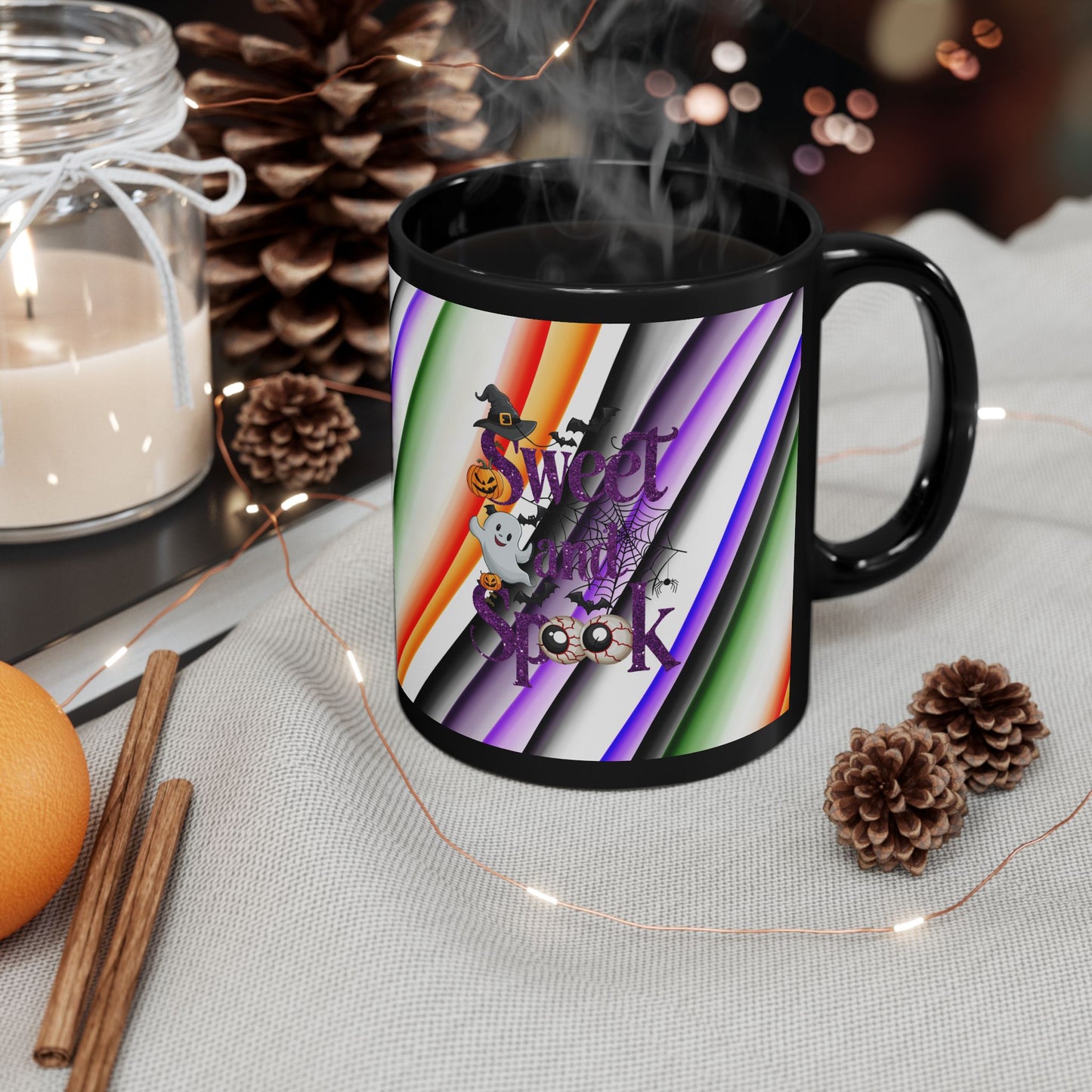 Halloween Theme Black Mug (11oz, 15oz), Cute Halloween Expression, Halloween Lovers, Coffee, Tea, Hot Chocolate Lovers, Great Gift Idea for Anyone