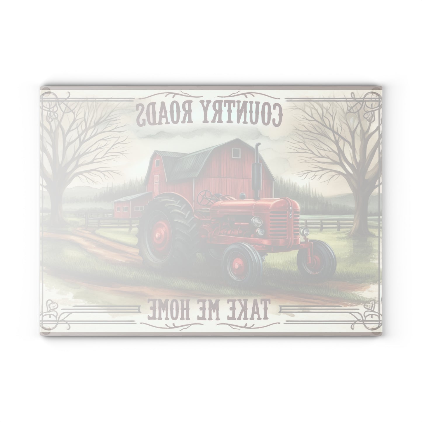 Rustic Farmhouse Glass Cutting Board with "Country Roads Take Me Home" Design