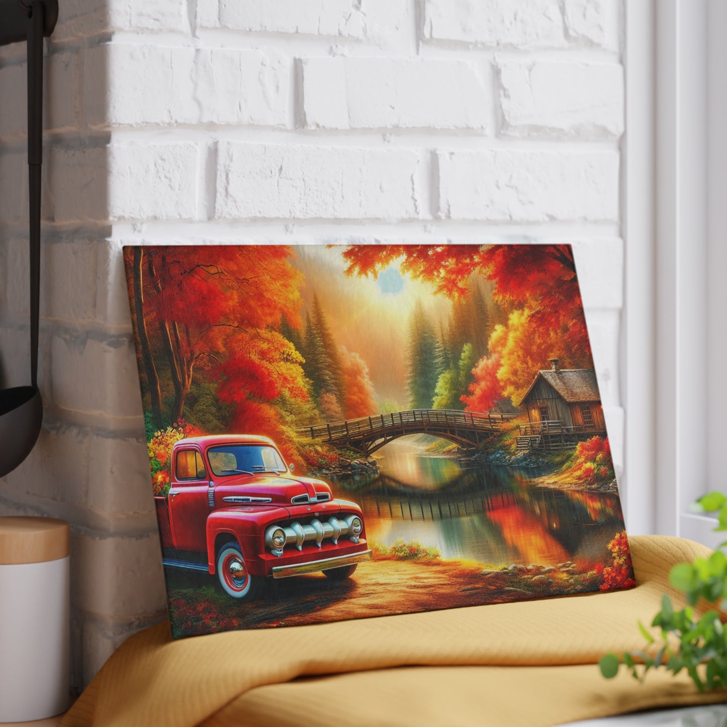 Rustic Autumn Glass Cutting Board with Vintage Truck Design