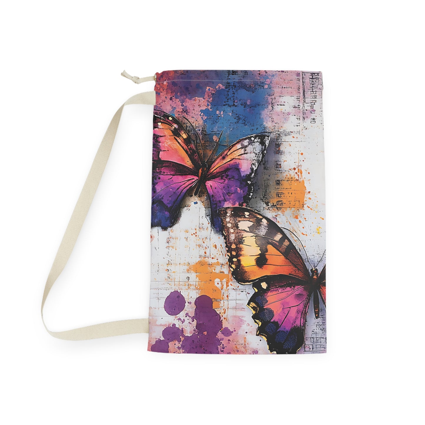 Butterfly Watercolor Laundry Bag — Colorful Drawstring Wash Bag for Travel & Dorm