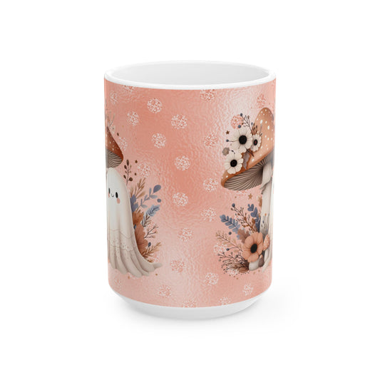 Whimsical Floral Mushroom Cute Ghost Mug, Cute Cafe Mug, Halloween Gift, Cozy Beverage Container, Fall Decor, Coffee Lover Gift
