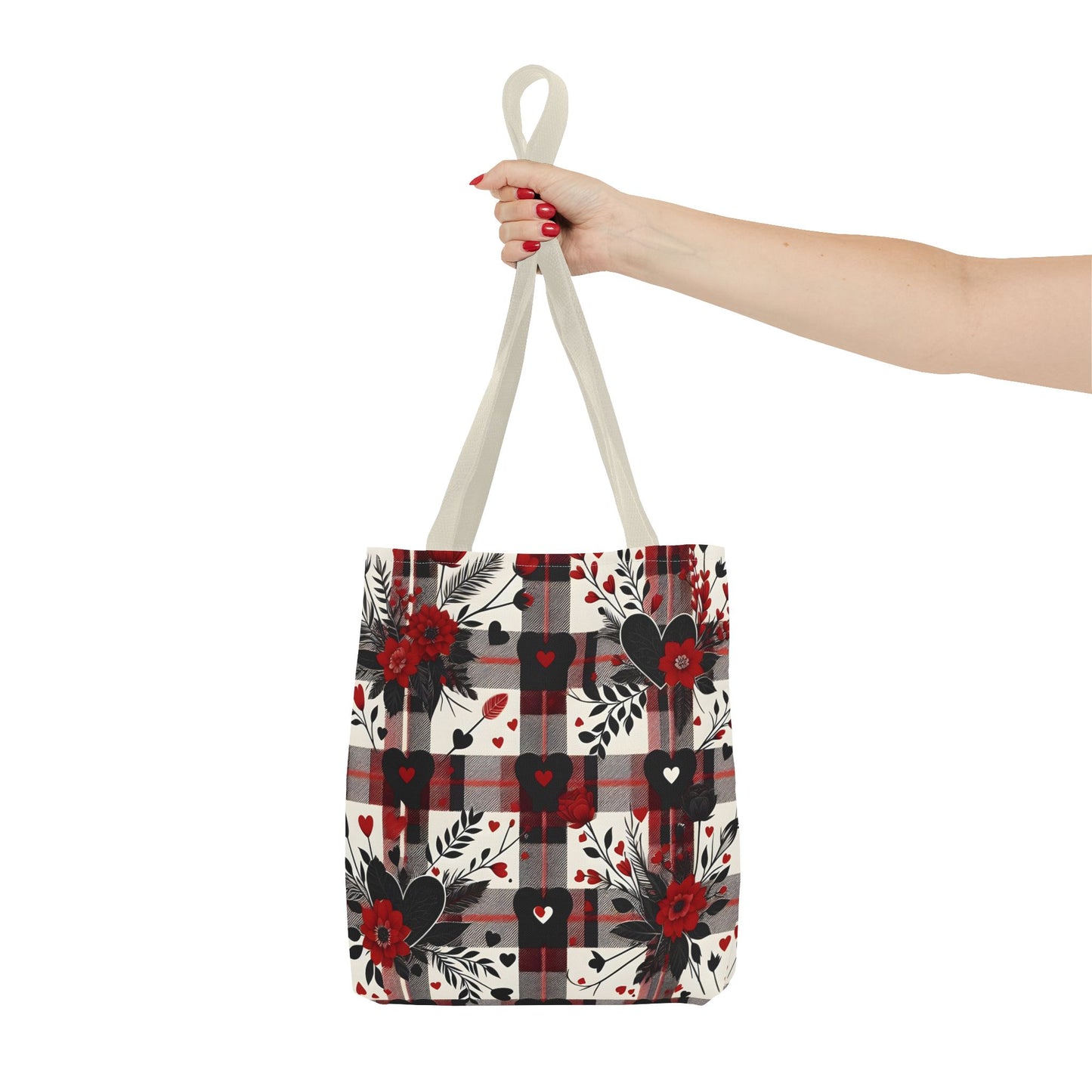 Fashionable Valentine Tote Bag (AOP) with Flowers and Hearts Plaid Design Pattern