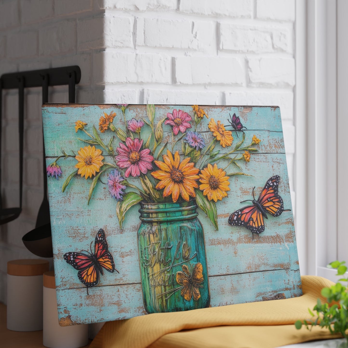 Mason Jar Floral with Butterflies Glass Cutting Board