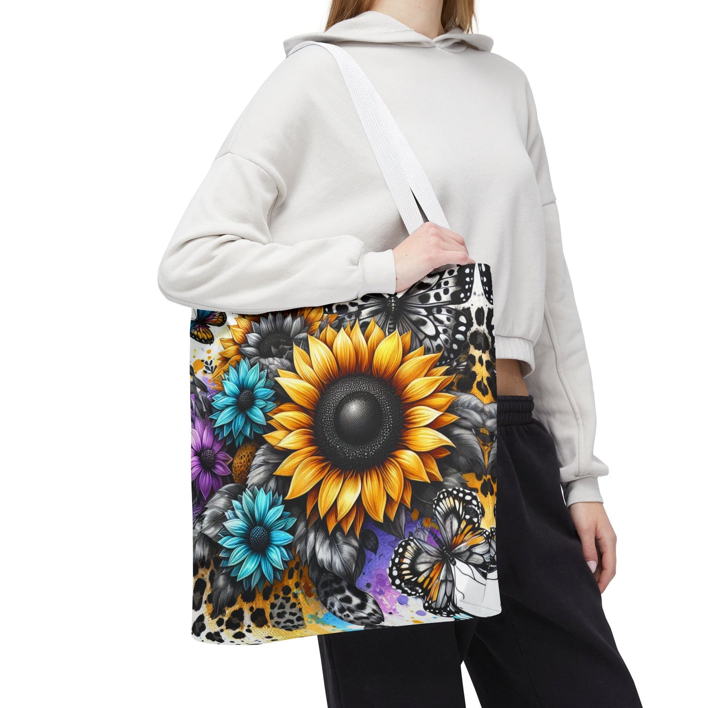 Sunflower & Butterfly Tote Bag — Colorful Floral All-Over Print