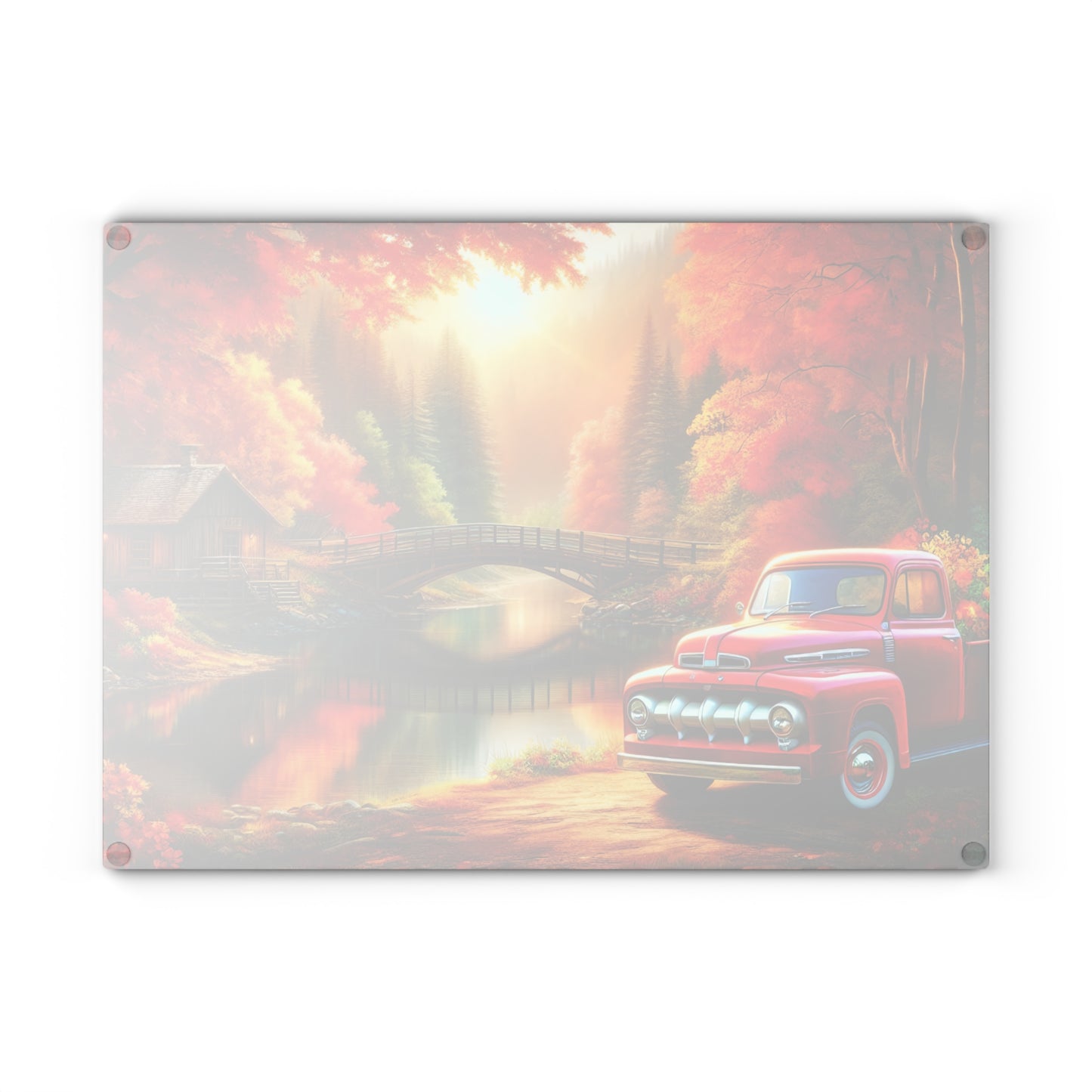 Rustic Autumn Glass Cutting Board with Vintage Truck Design