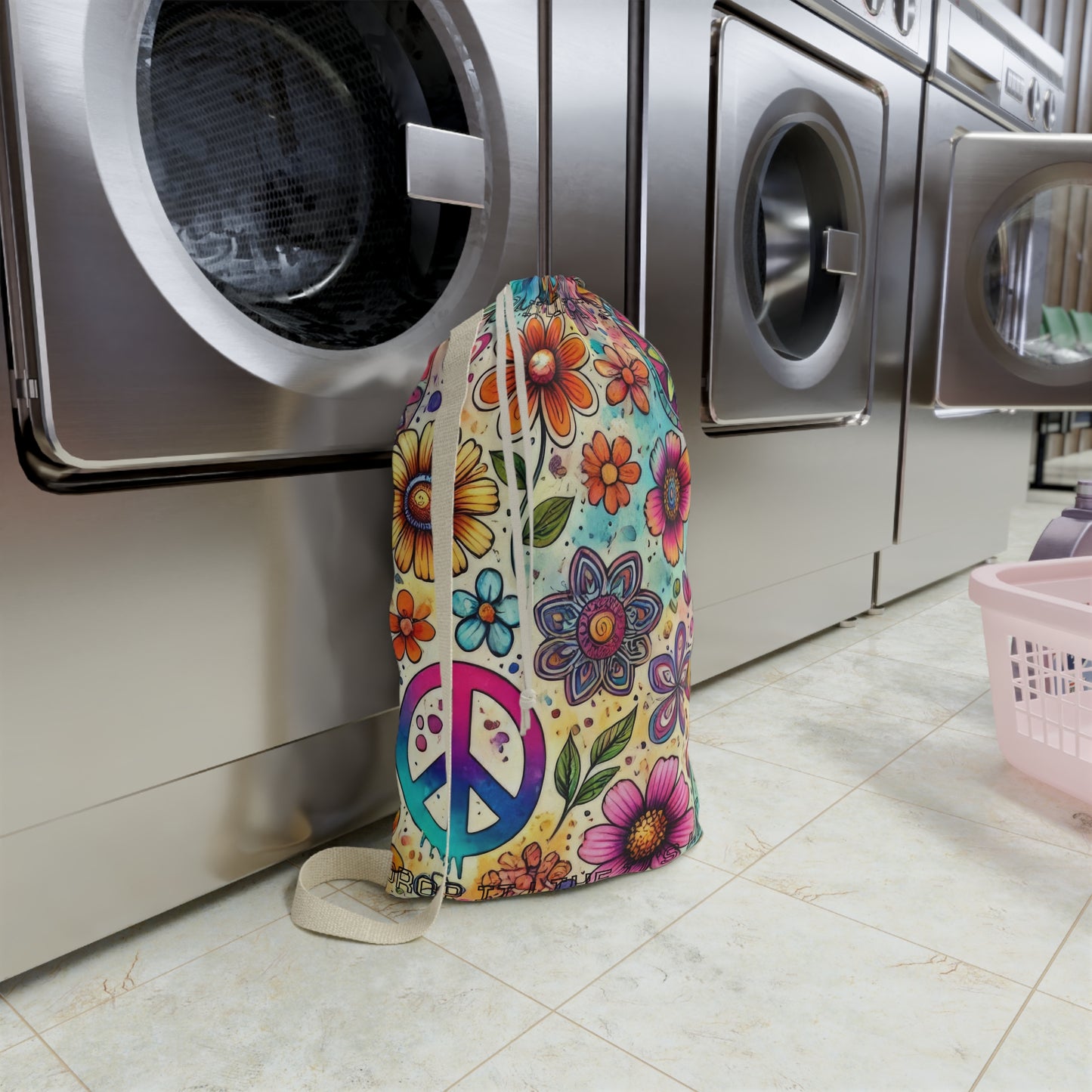 Boho Peace Floral Laundry Bag – Colorful Hippie Drawstring Hamper - "Drop It Like It's Hot" saying