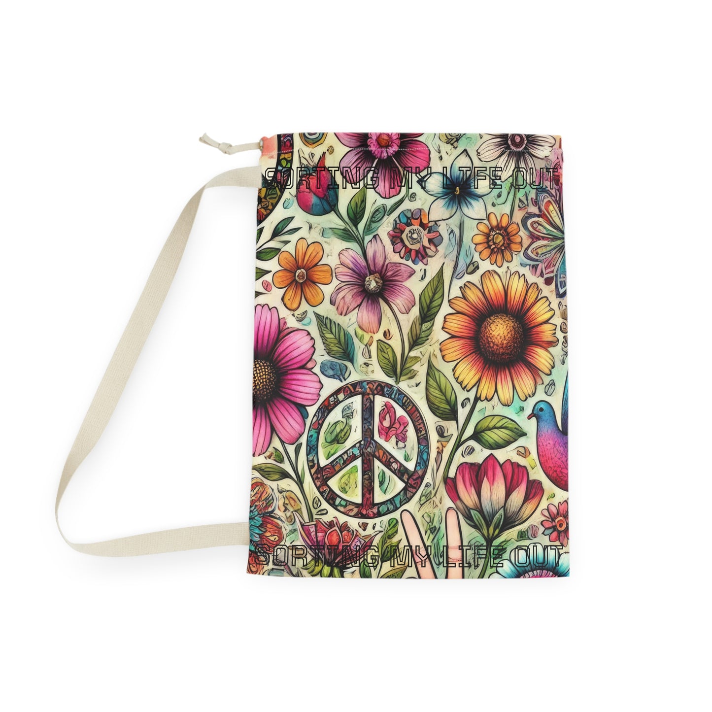 Floral Peace Laundry Bag — Boho Hippie Drawstring Hamper - "Sorting My Life Out" saying