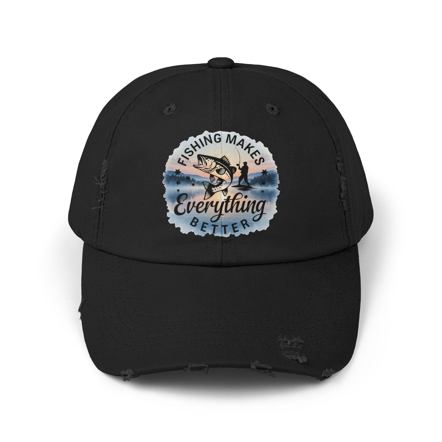 Fishing Humor "Fishing Makes Everything Better" Distressed Cap | Unisex Summer Hat, Fishing Accessories, Outdoor Gear, Gift for Anglers, Casual Headwear