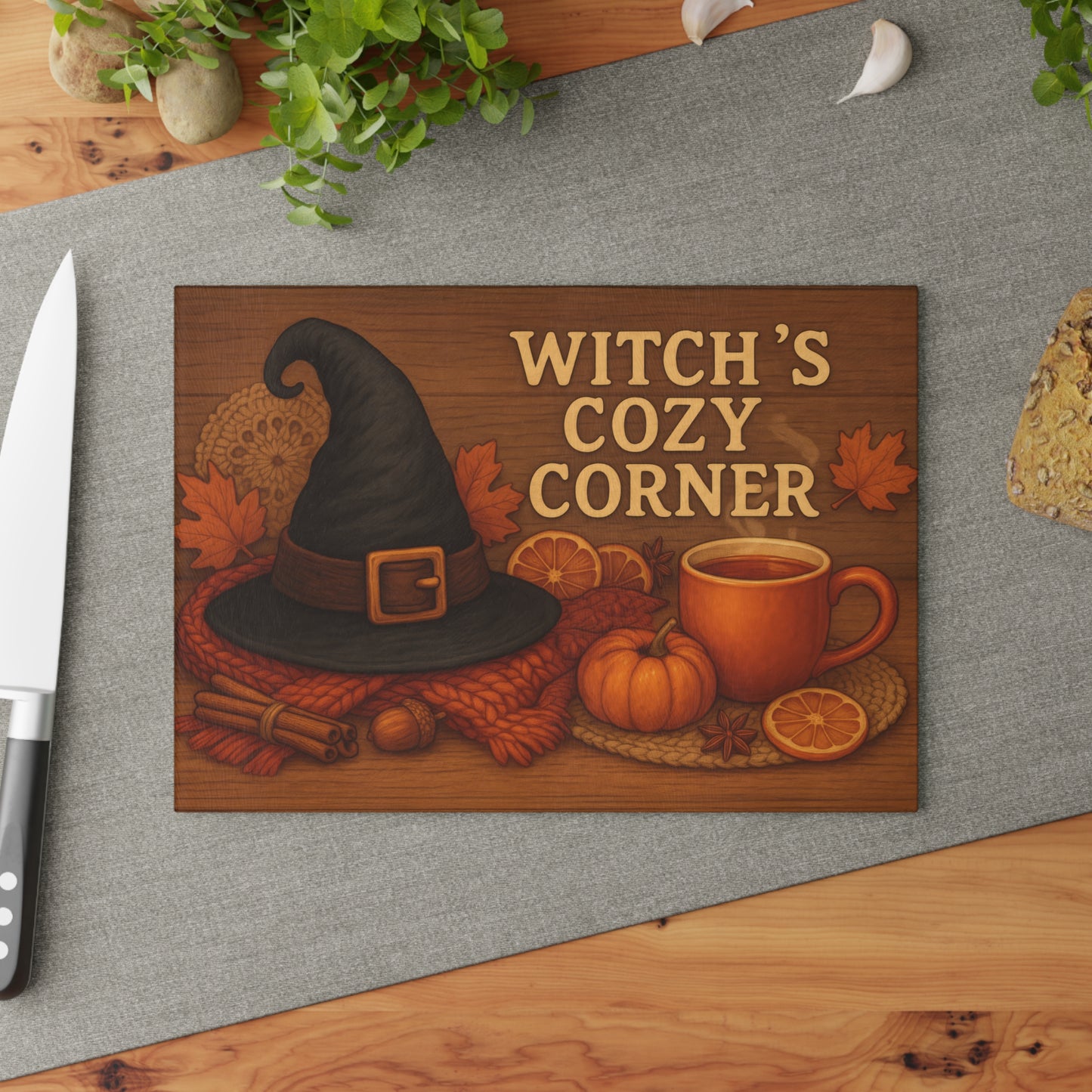 Autumn-Themed Glass Cutting Board - Witch's Cozy Corner