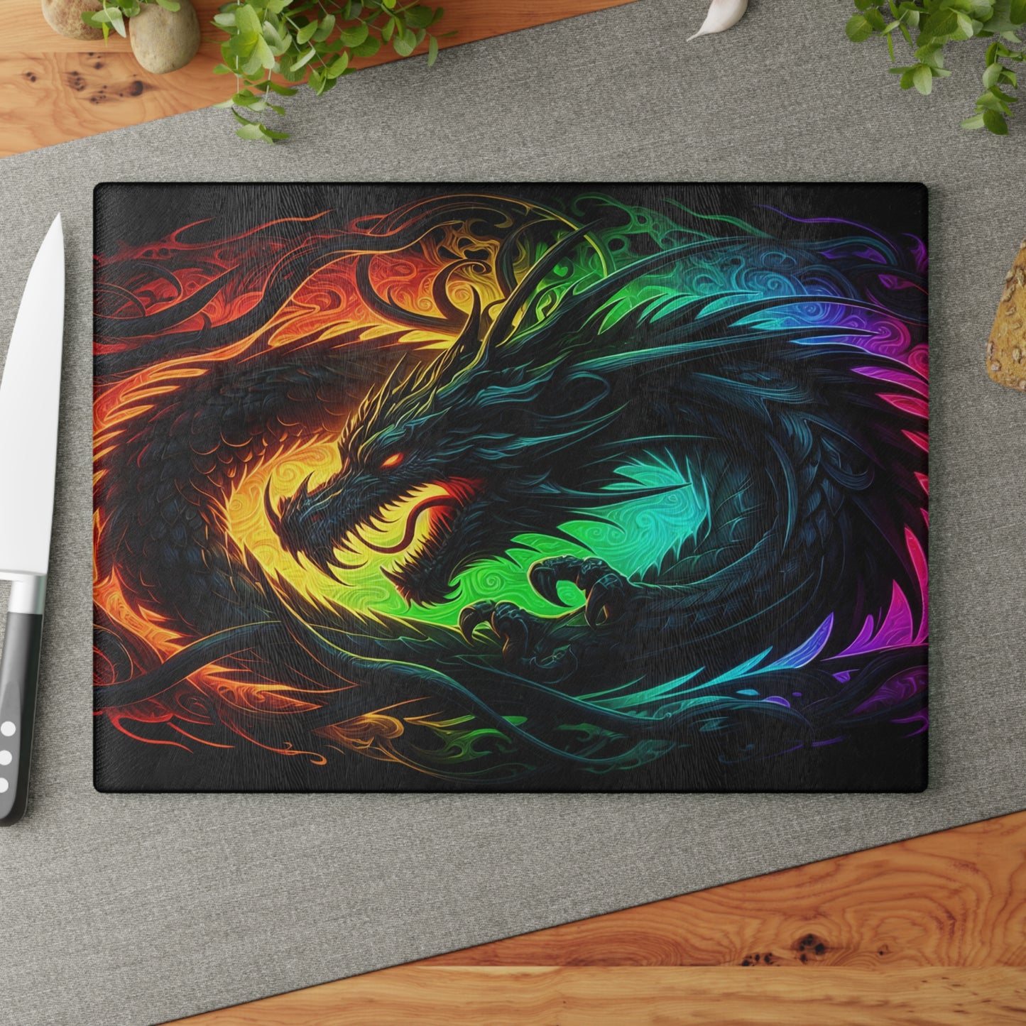 Vibrant Dragon Glass Cutting Board - Colorful Kitchen Art