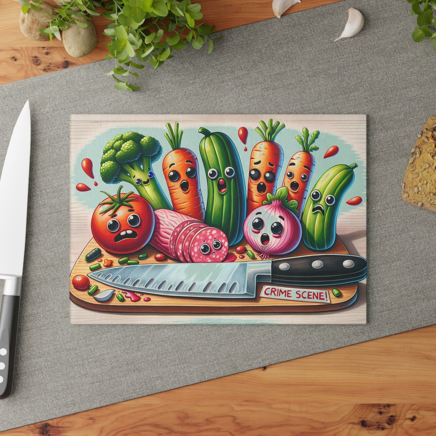 Whimsical Glass Cutting Board - ‘Crime Scene’ Vegetable Design for Fun Cooking