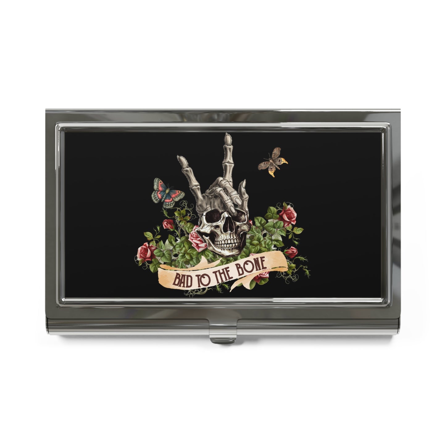 Bad to the Bone Skull Business Card Holder — Gothic Floral Metal Card Case