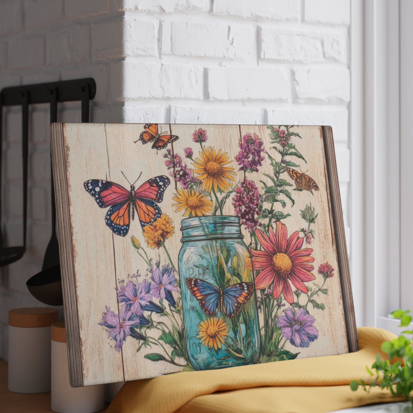 Floral Butterfly Glass Cutting Board - Rustic Kitchen Decor