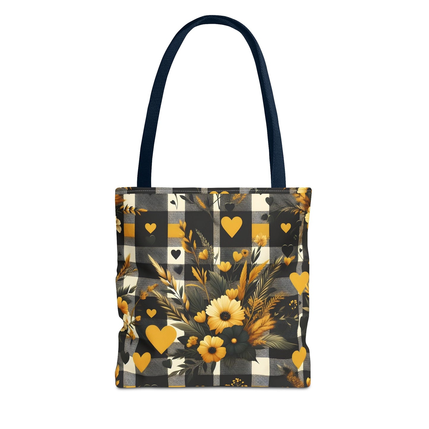 Stylish Yellow and Black Plaid Pattern with Floral and Hearts Tote Bag(AOP)