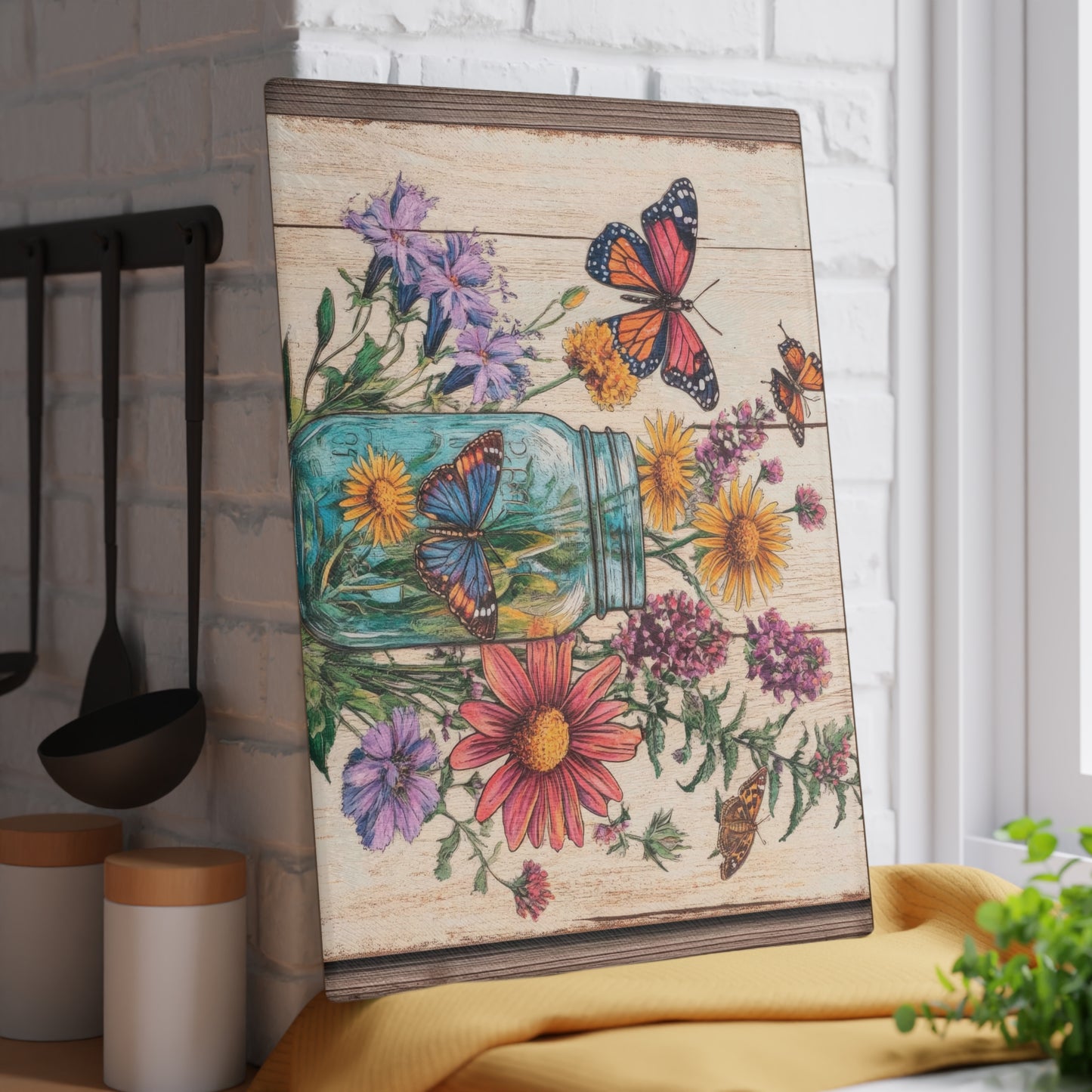 Floral Butterfly Glass Cutting Board - Rustic Kitchen Decor
