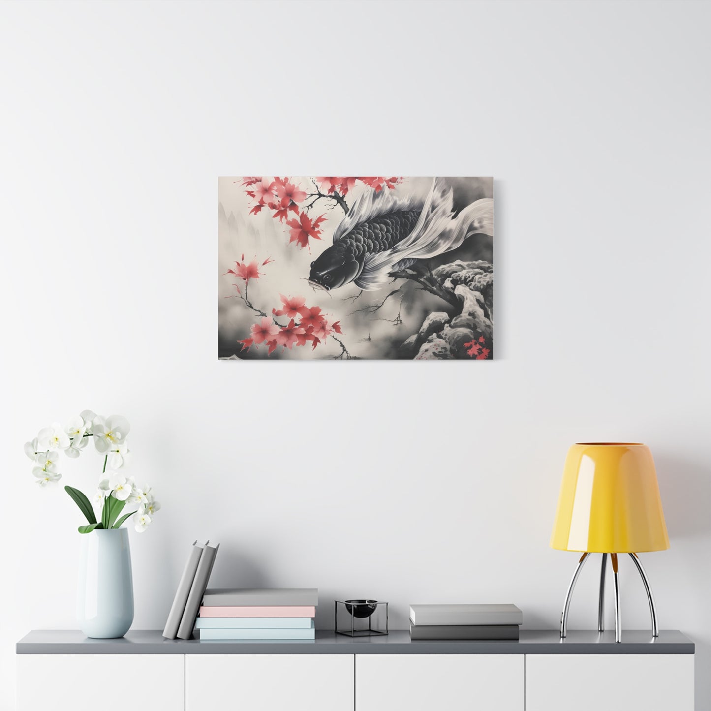 Koi Fish Artwork Canvas Wall Art Print - Elegant Decorative Wall Art with Cherry Blossoms