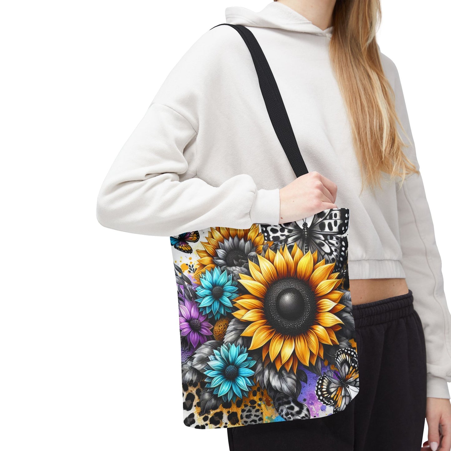 Sunflower & Butterfly Tote Bag — Colorful Floral All-Over Print