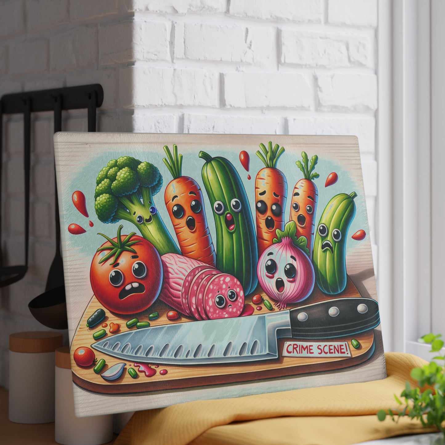 Whimsical Glass Cutting Board - ‘Crime Scene’ Vegetable Design for Fun Cooking