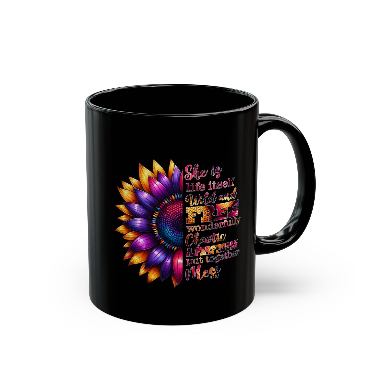 Inspirational Black Mug with Colorful Flower Design - Perfect Gift for Women