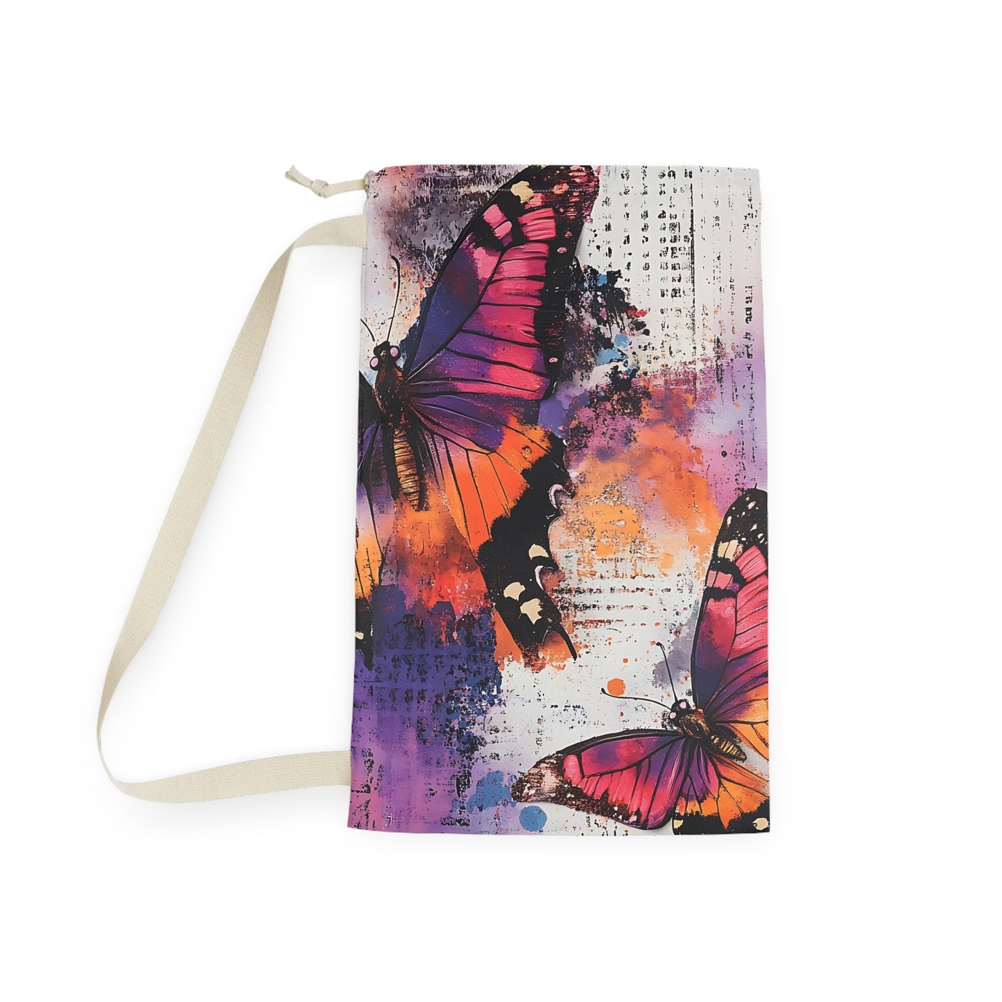 Butterfly Art Laundry Bag — Colorful Watercolor Wings Drawstring Laundry Tote