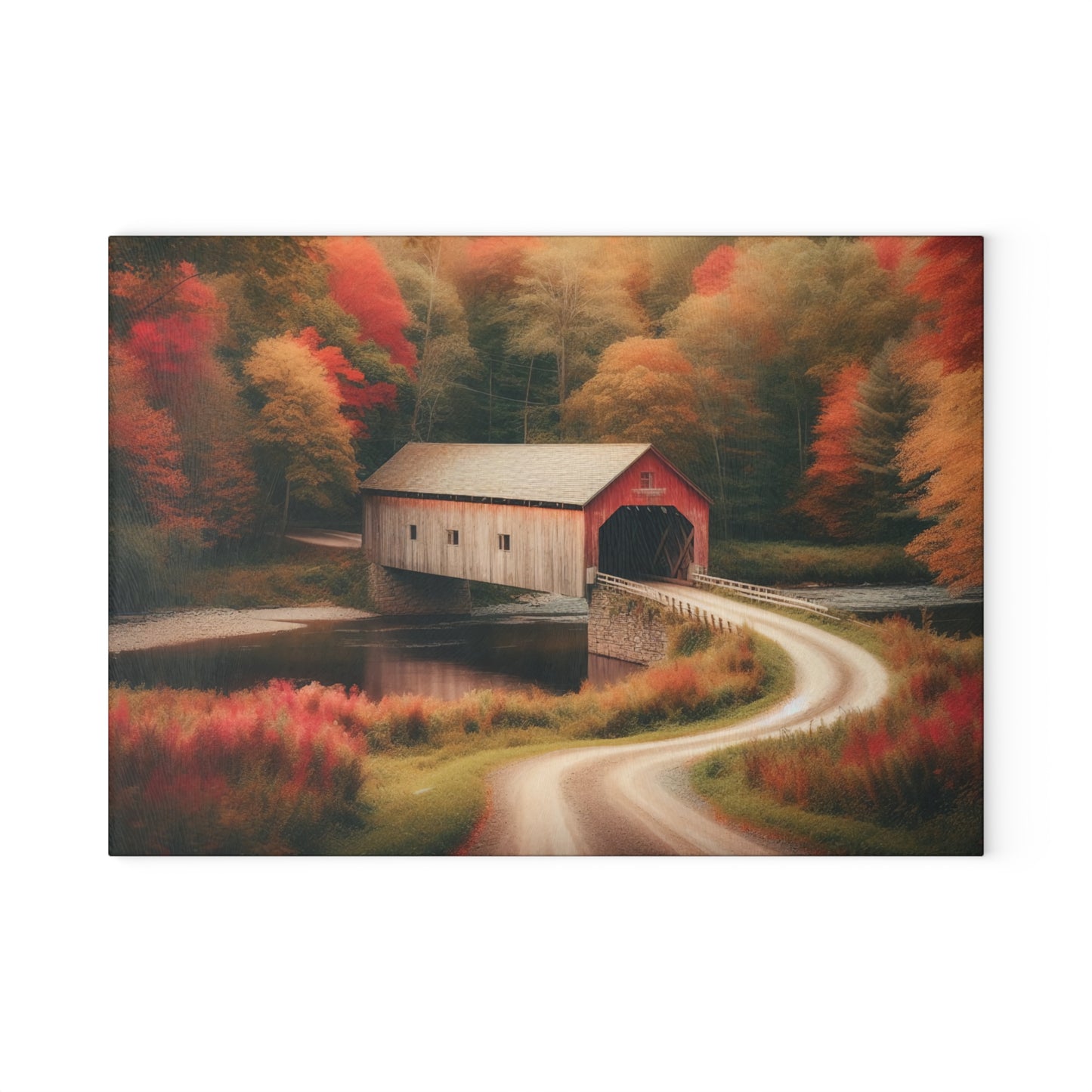 Autumn Inspired Glass Cutting Board with Rustic Covered Bridge Design