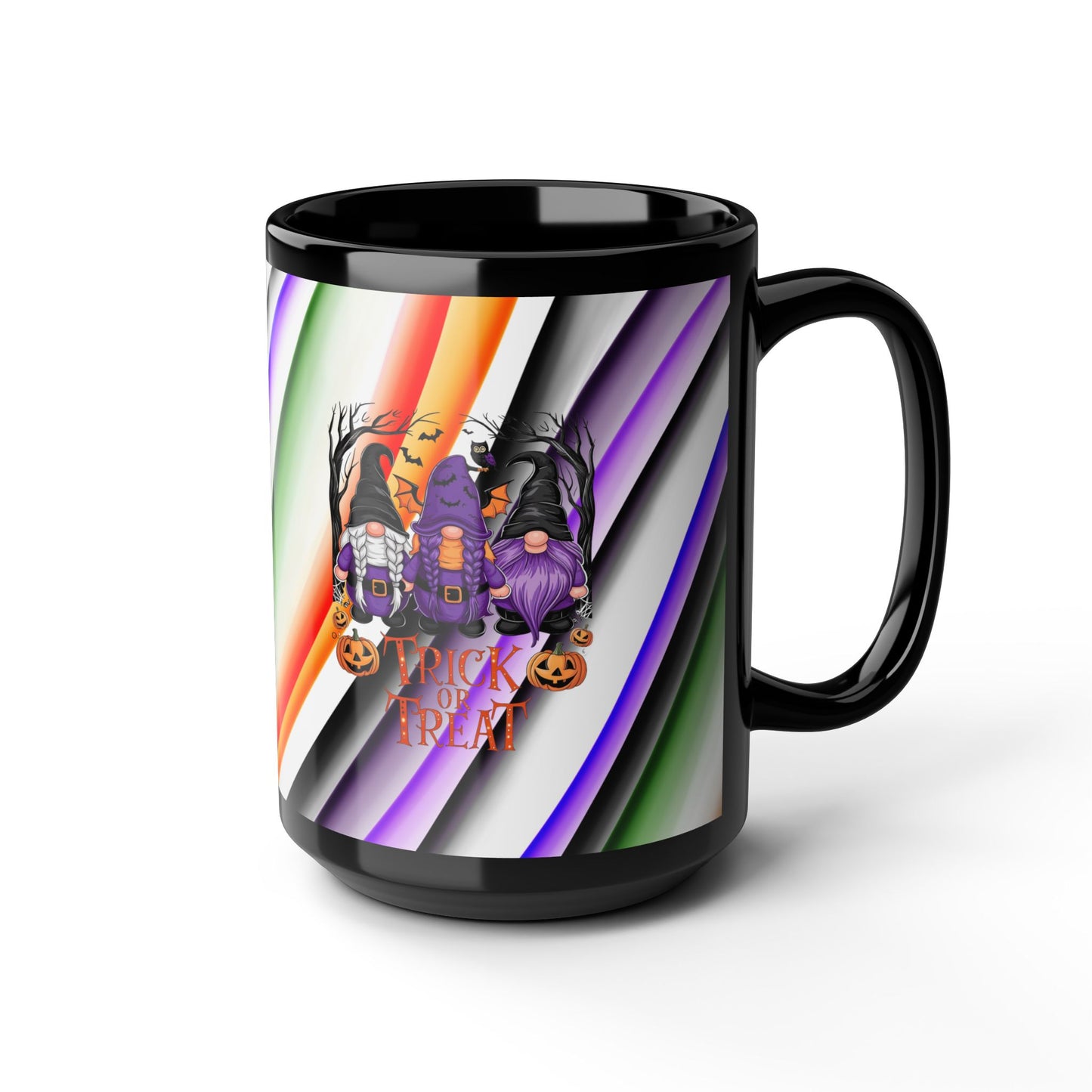 Halloween Theme Black Mug (11oz, 15oz), Cute Halloween Expression with Gnomes, Halloween Lovers, Gnome Lovers, Coffee, Tea, Hot Chocolate Lovers Gift Idea
