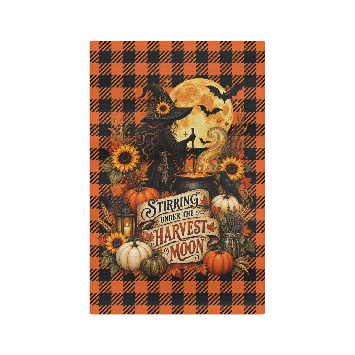 Stirring Under the Harvest Moon Halloween Microfiber Tea Towel