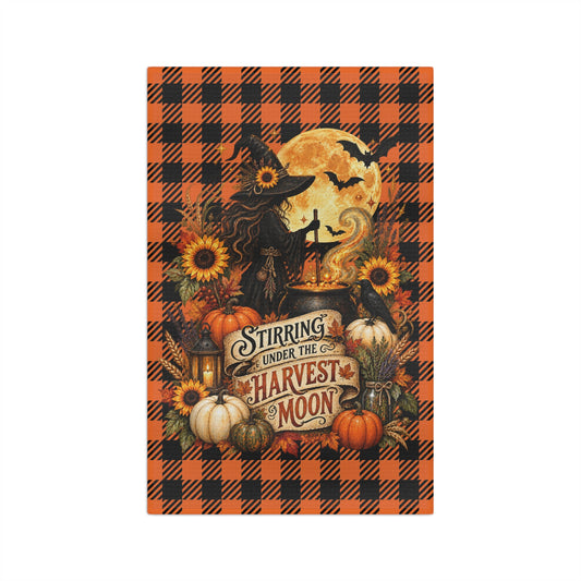 Stirring Under the Harvest Moon Halloween Microfiber Tea Towel