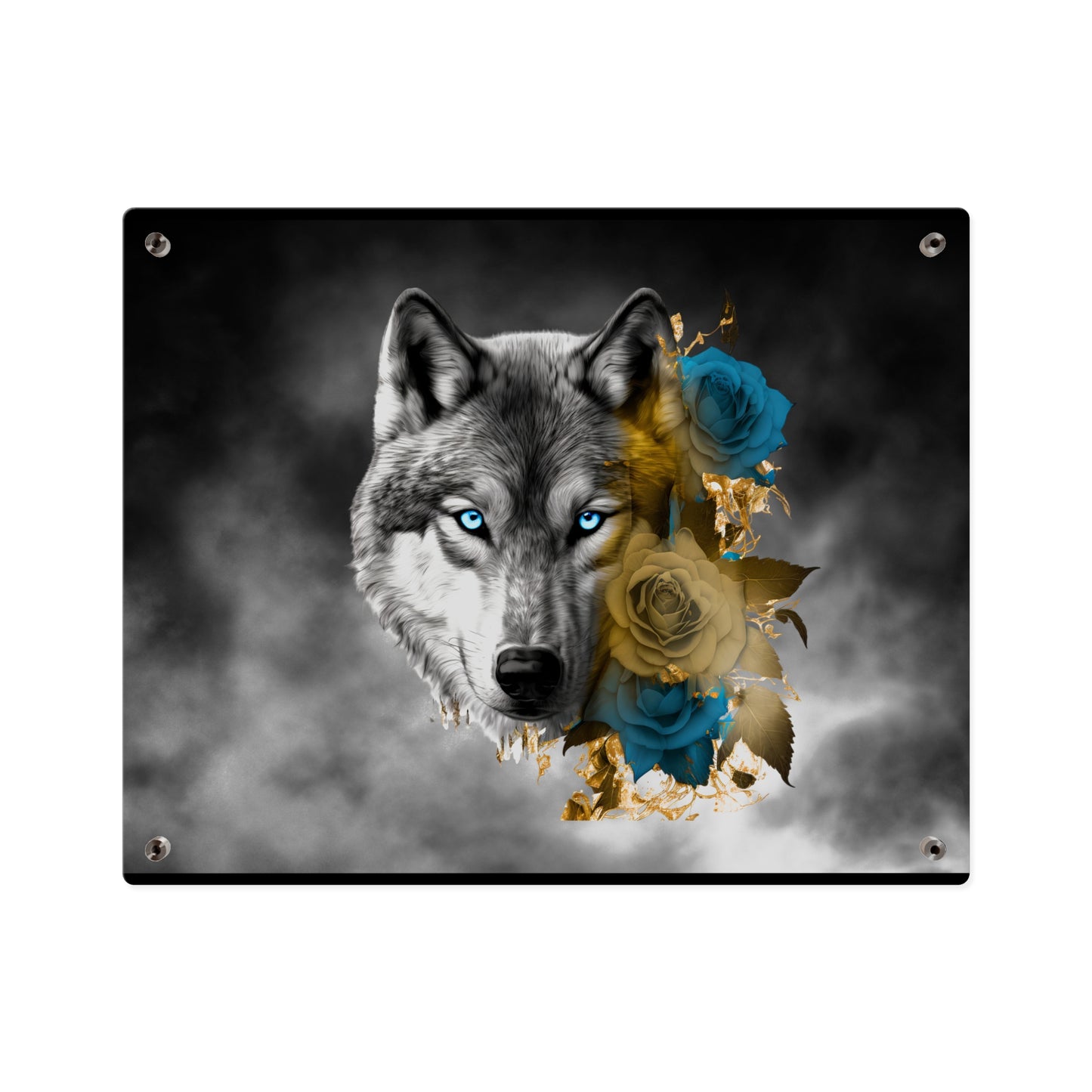 Lively Wolf Acrylic Wall Art Panel - Blue Roses Decor