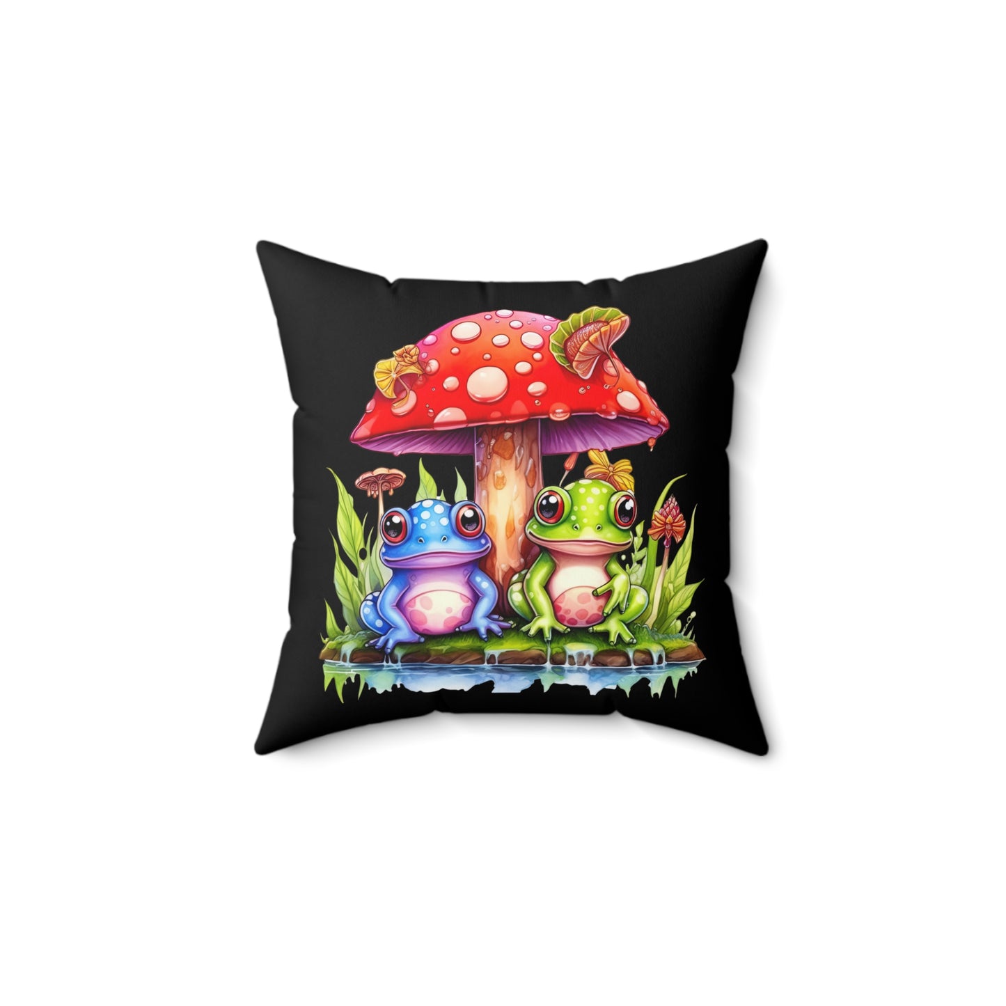 Decorative Spun Polyester Square Pillow, Mushroom with Frogs Decor for Home or Office, Great Gift Idea for Any Occasion for Anyone