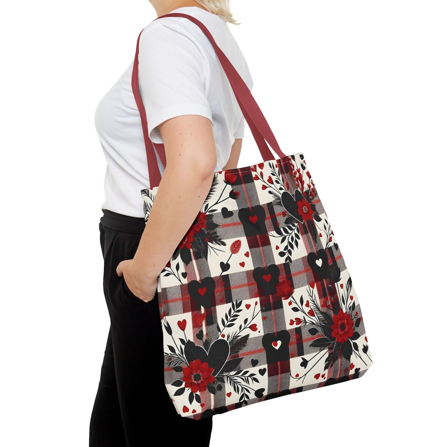 Fashionable Valentine Tote Bag (AOP) with Flowers and Hearts Plaid Design Pattern