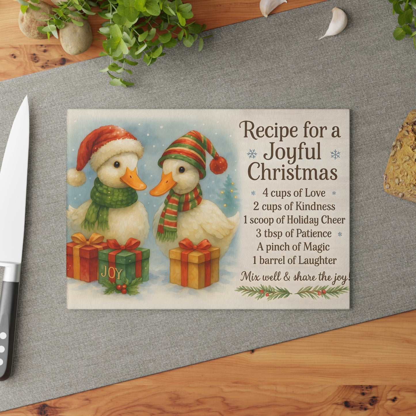 Festive Holiday Glass Cutting Board - Joyful Christmas Recipe