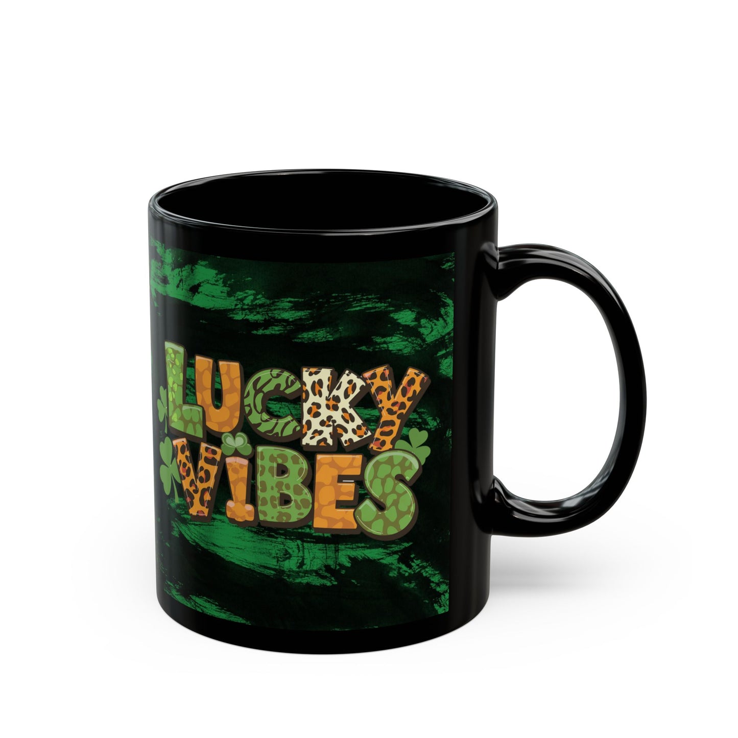 Lucky Vibes Black Mug — St. Patrick’s Day Leopard Print Shamrock Coffee Cup (11oz/15oz)
