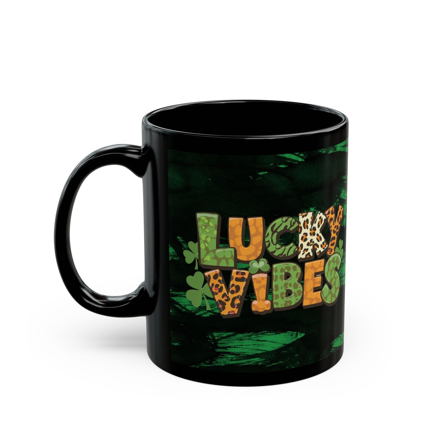 Lucky Vibes Black Mug — St. Patrick’s Day Leopard Print Shamrock Coffee Cup (11oz/15oz)