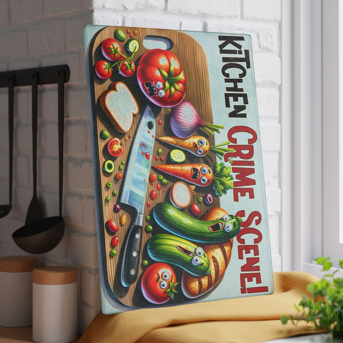 Whimsical Kitchen Crime Scene Glass Cutting Board - Fun Cooking Gift for Chefs & Foodies