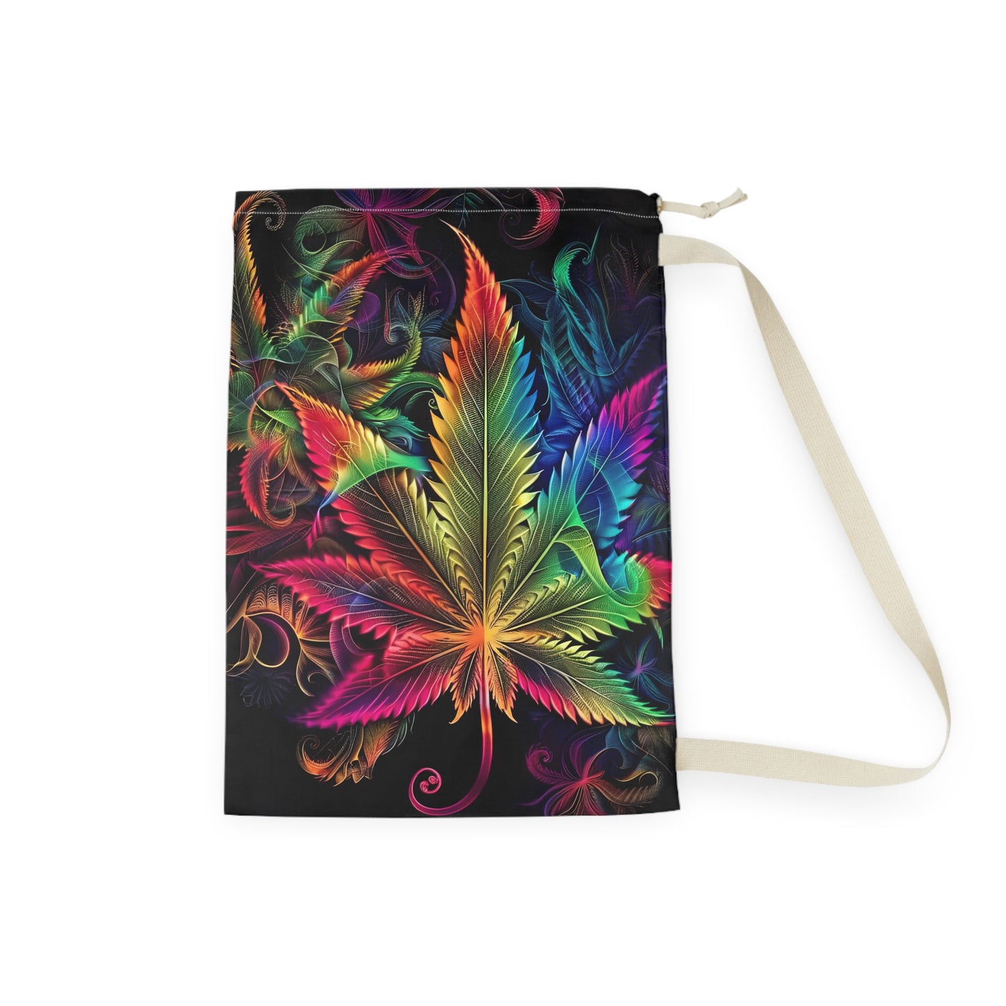 Botanical Rainbow Leaf Laundry Bag — Vibrant Drawstring Clothes Pouch