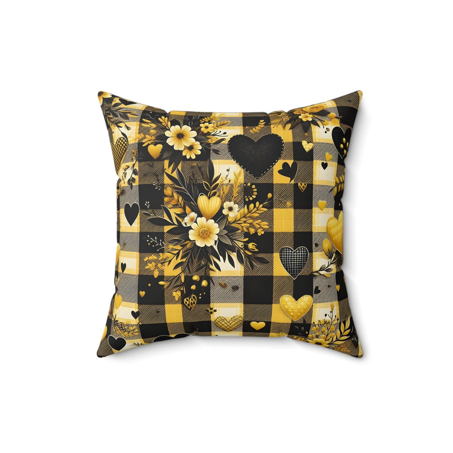 Decorative Spun Polyester Square Pillow with Floral and Hearts Plaid Pattern