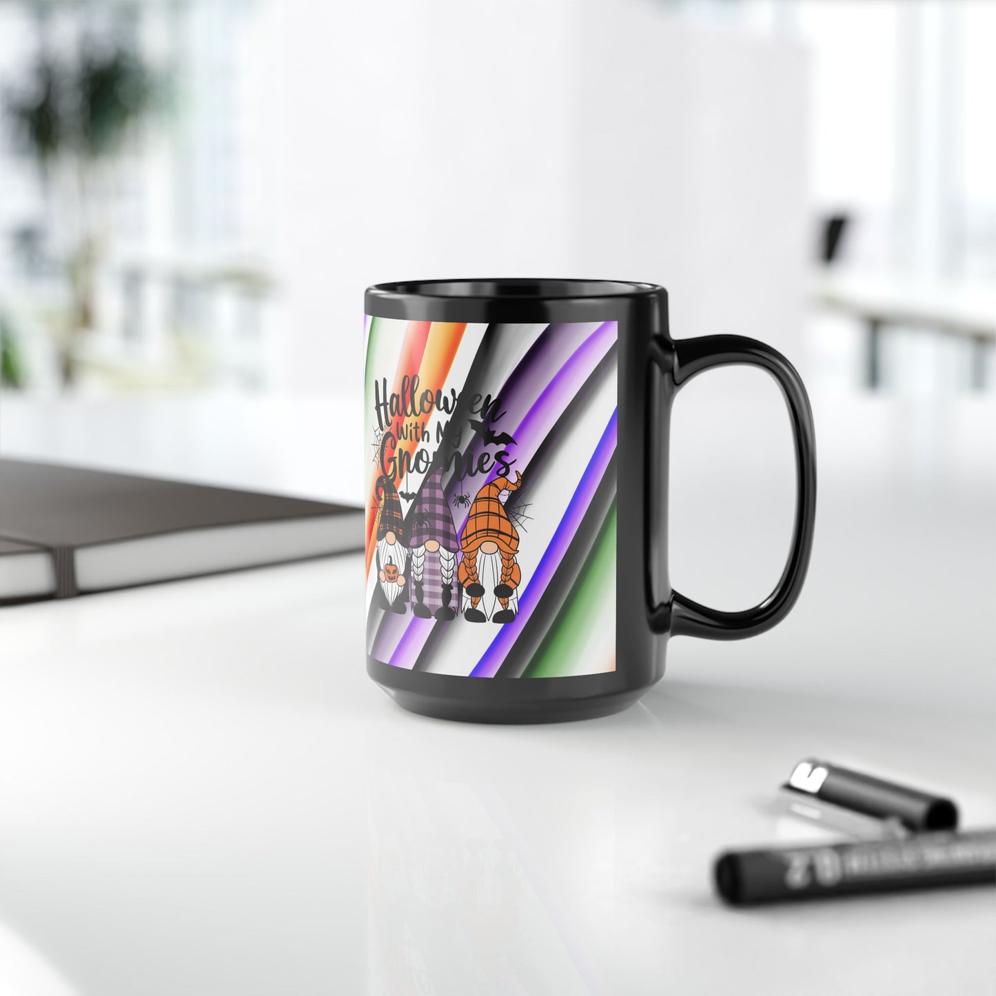 Halloween Theme Black Mug (11oz, 15oz), Cute Halloween Expression, Halloween Lovers, Gnome Lovers, Coffee, Tea, Hot Chocolate Lovers Gift Idea