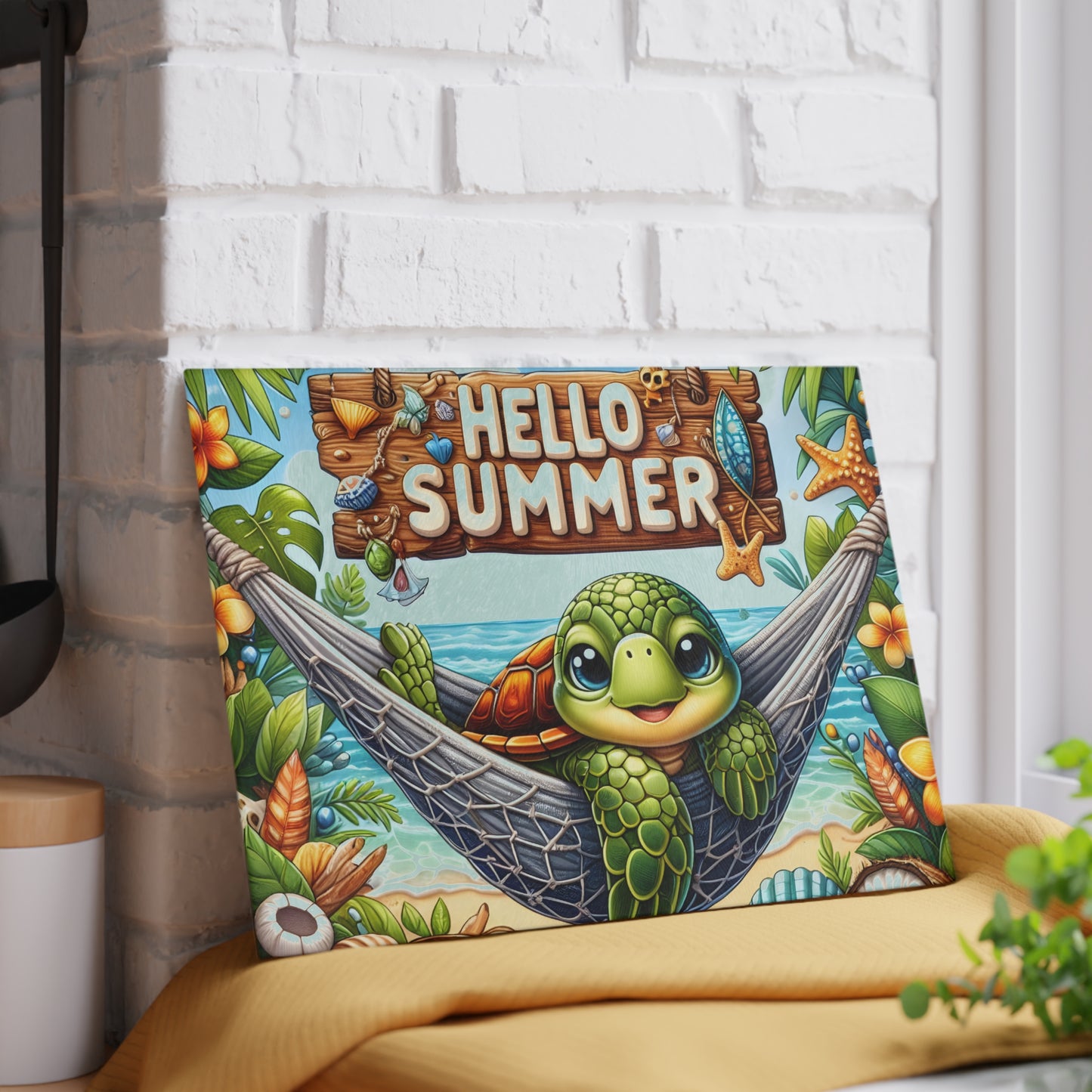 Glass Cutting Board - 'Hello Summer' Sea Turtle Beach Design