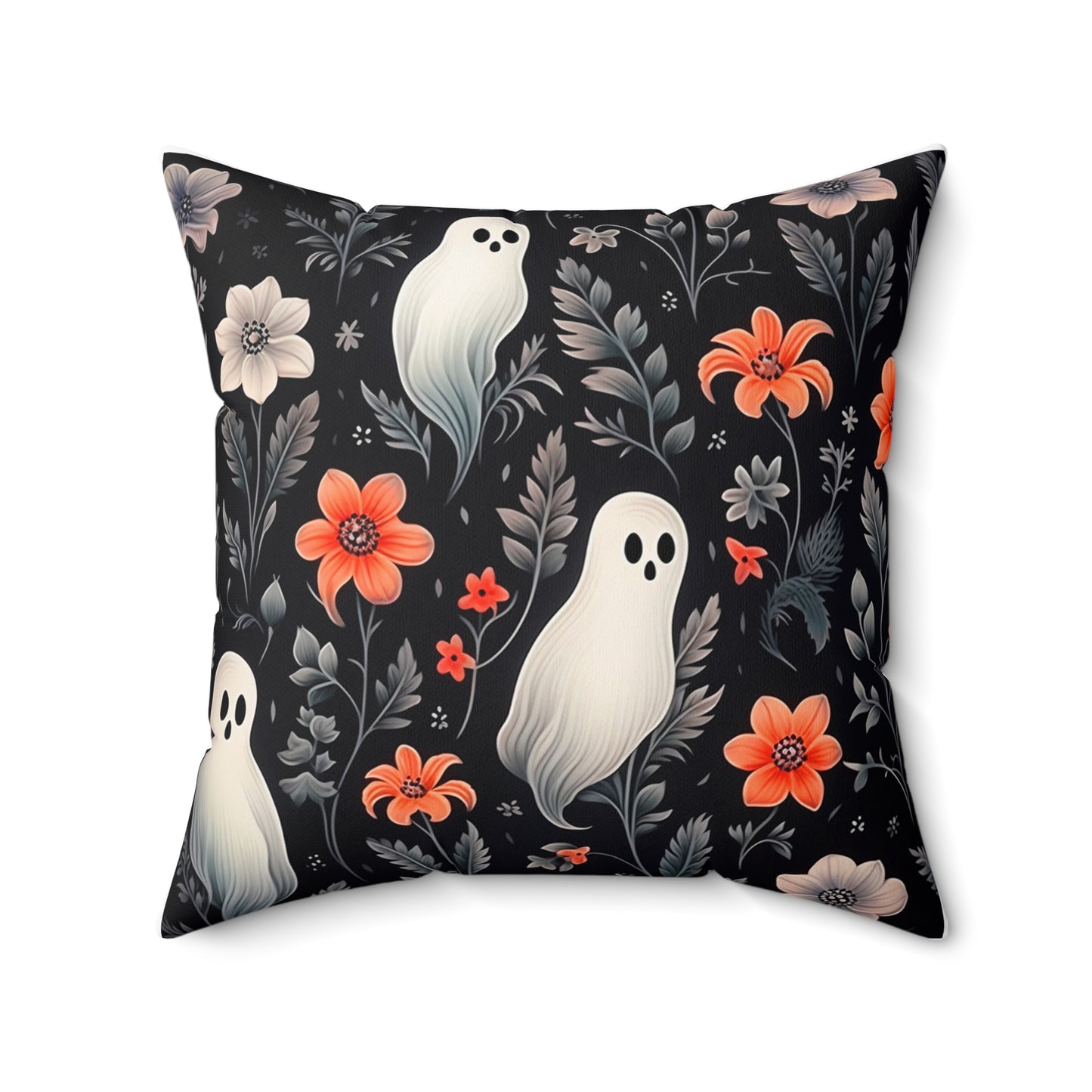 Ghostly with Floral Decor Spun Polyester Square Pillow for Any Room, Halloween Accent, Halloween Decor for Any Room, Great Gift Idea
