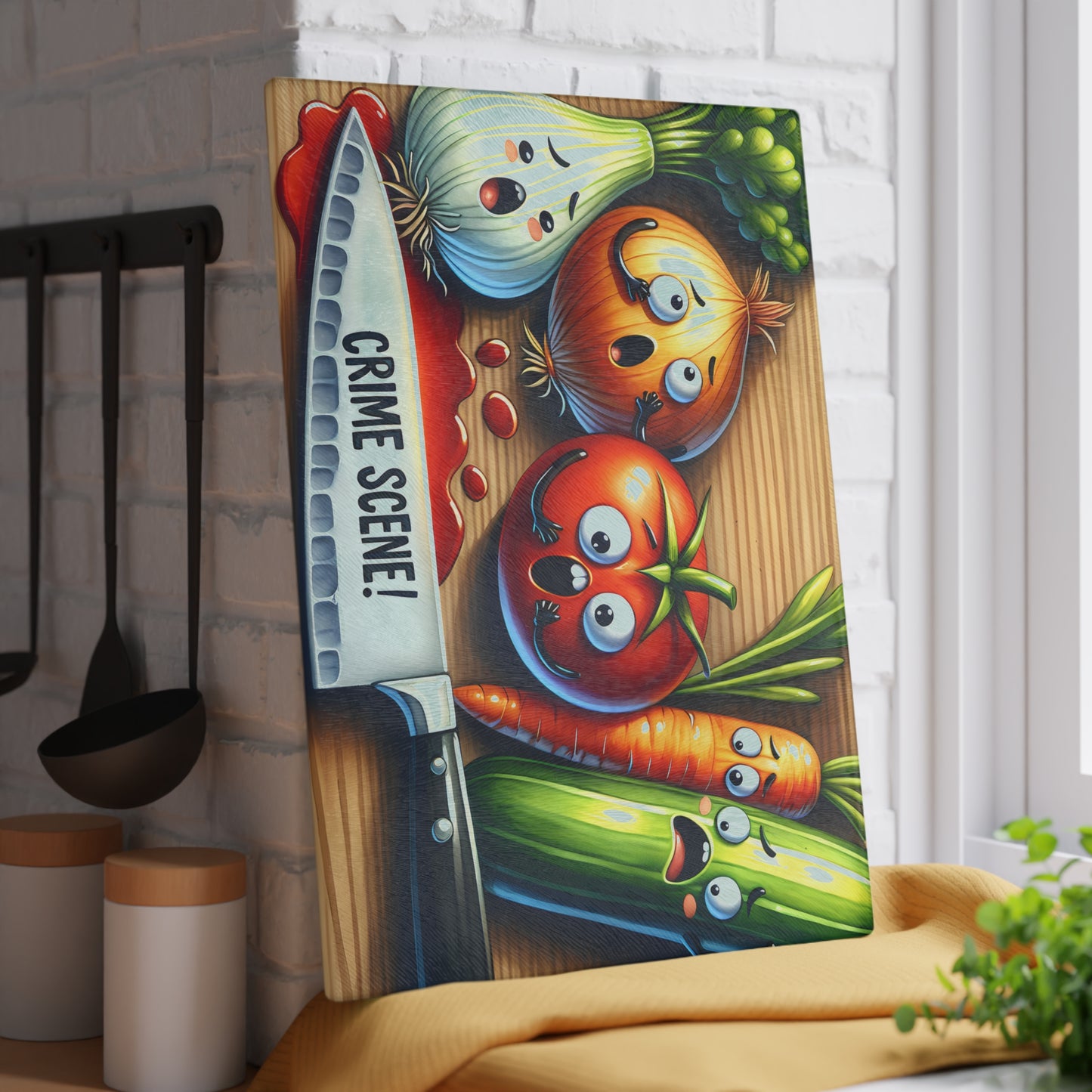 Funny Crime Scene Glass Cutting Board - Cartoon Veggies Design